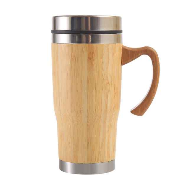 Leak-proof black clamshell insulated bamboo coffee cup Stainless steel thermos cup with handle mug