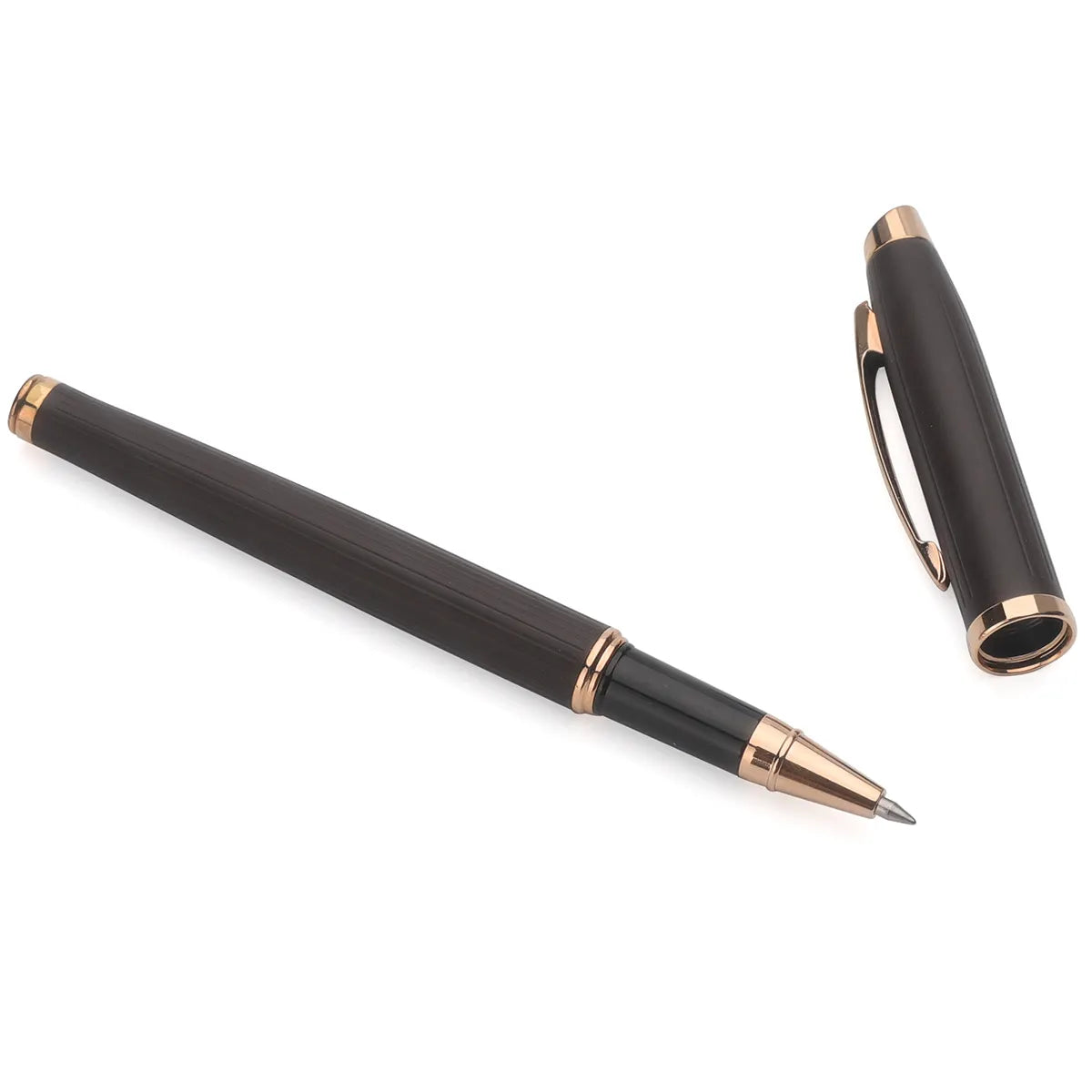 Fashion Design Smoothly Writing Rose Gold Roller Pen with Satin Dark Brown Lacquering For Business