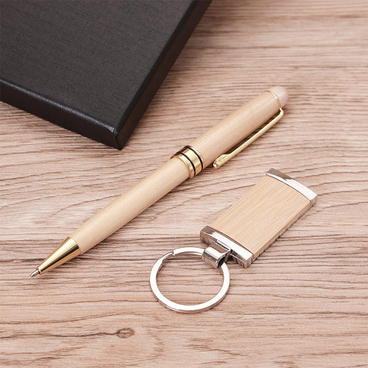 Eco-friendly Metal Zinc Alloy Keychain Pen Business Gift Set Wood Pen Wooden Keychains Laser Logo Luxury Corporate Men Gift