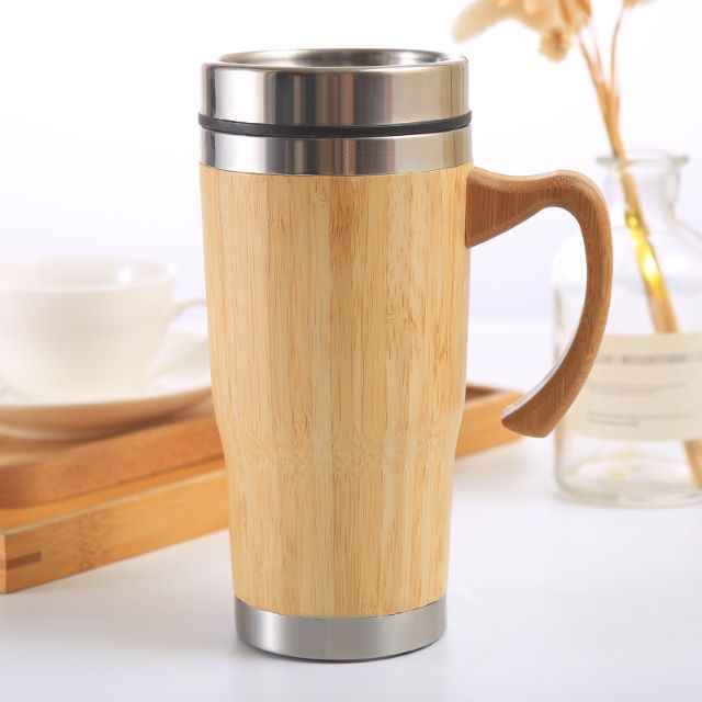 Leak-proof black clamshell insulated bamboo coffee cup Stainless steel thermos cup with handle mug