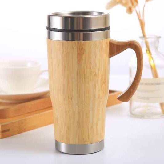 Leak-proof black clamshell insulated bamboo coffee cup Stainless steel thermos cup with handle mug