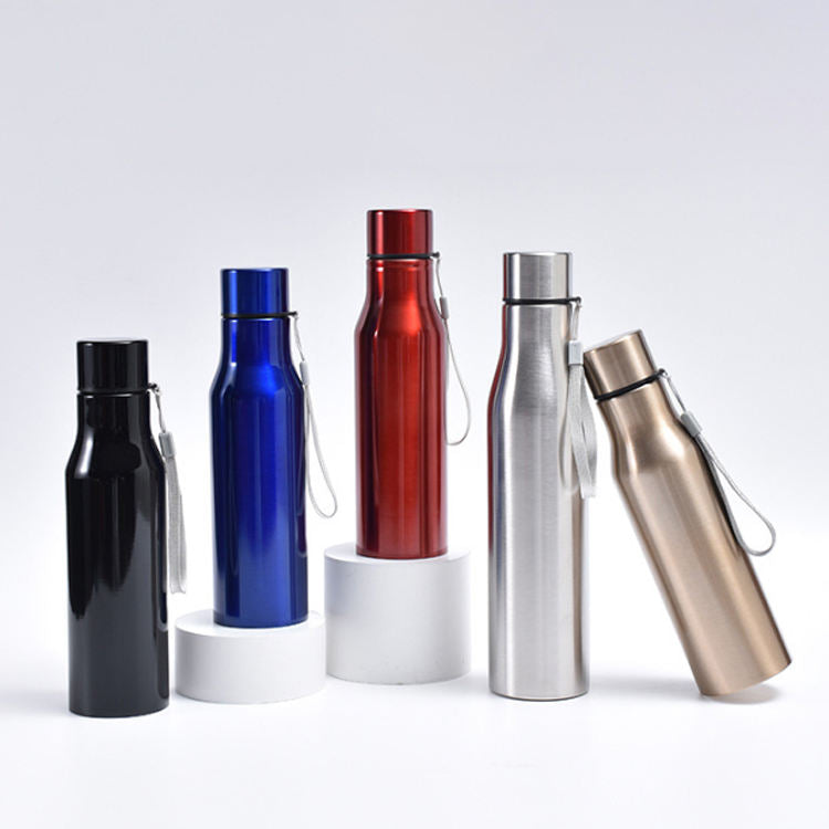 Portable 750ml 1000ml Water Bottle Colorful Red Blue Gold Bottles Stainless Steel Sports Flask with Handles Rope