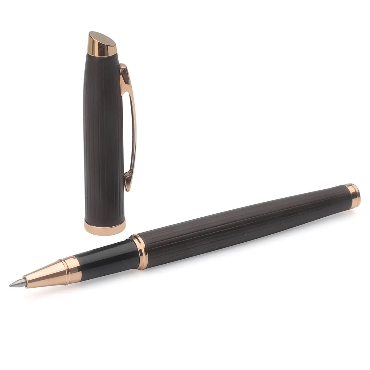Fashion Design Smoothly Writing Rose Gold Roller Pen with Satin Dark Brown Lacquering For Business
