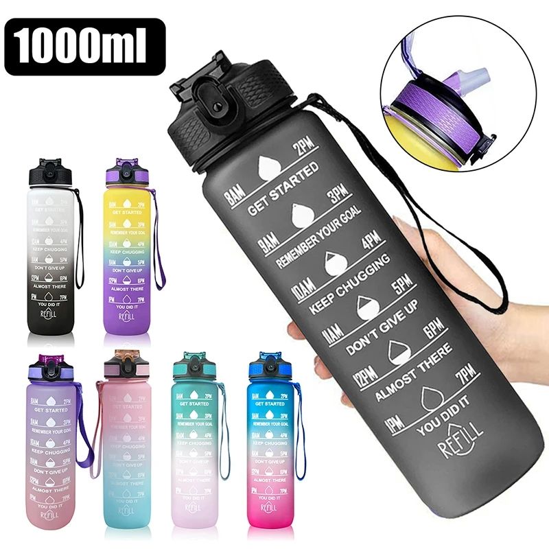 BPA Free 1L Travel Sports Plastic Sublimation Leak Proof Water Bottle With Straw