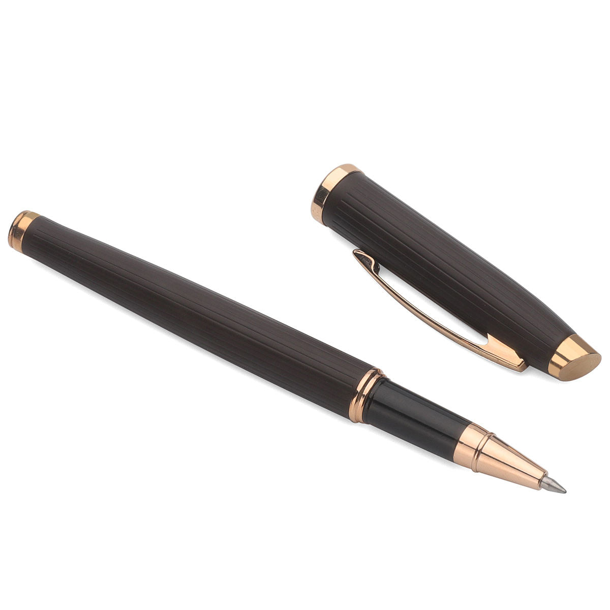 Fashion Design Smoothly Writing Rose Gold Roller Pen with Satin Dark Brown Lacquering For Business