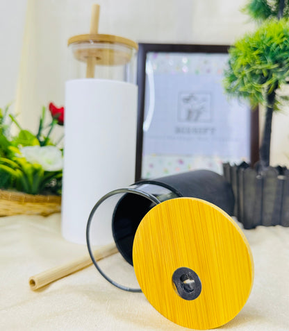 PERSONALIZED GLASS TUMBLER WITH BAMBOO LID AND STRAW
