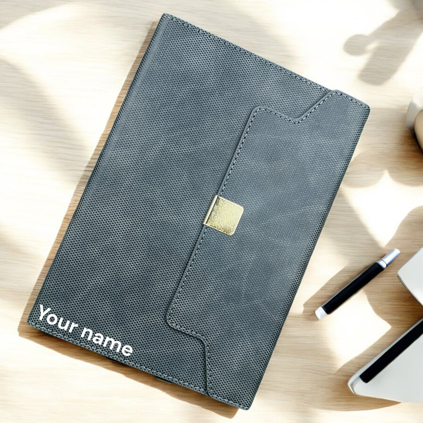 BizGift Personalized  Signature A-5 PU Leather Business Notebook Diary Journal, Magnetic Flap Closure with sleek metal accessory,192 pages, 80 gsm (Classic Black)