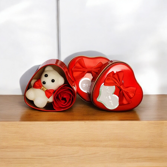 Small heart shape gift box with teddy and rose inside