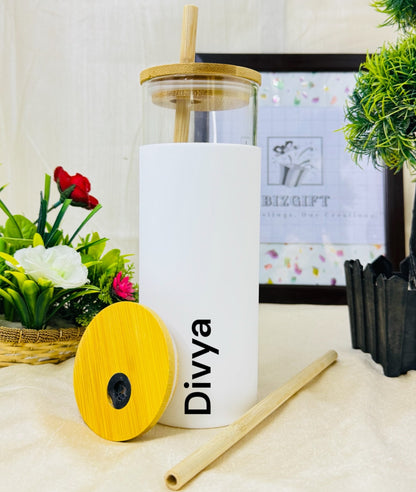 PERSONALIZED GLASS TUMBLER WITH BAMBOO LID AND STRAW