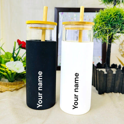 PERSONALIZED GLASS TUMBLER WITH BAMBOO LID AND STRAW